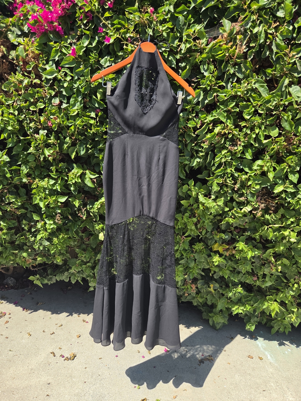 Fame And Partners Black Lace Maxi Dress Women's 0 Sleeveless Halter Mermaid